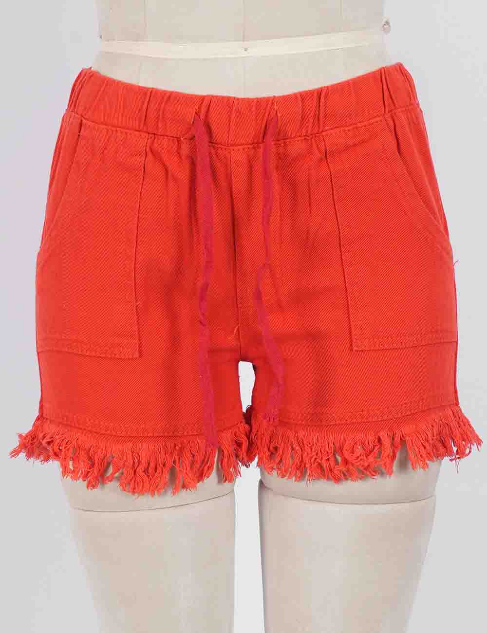 Ladies Solid Color Drawstring Waist Frayed Hem Denim Shorts