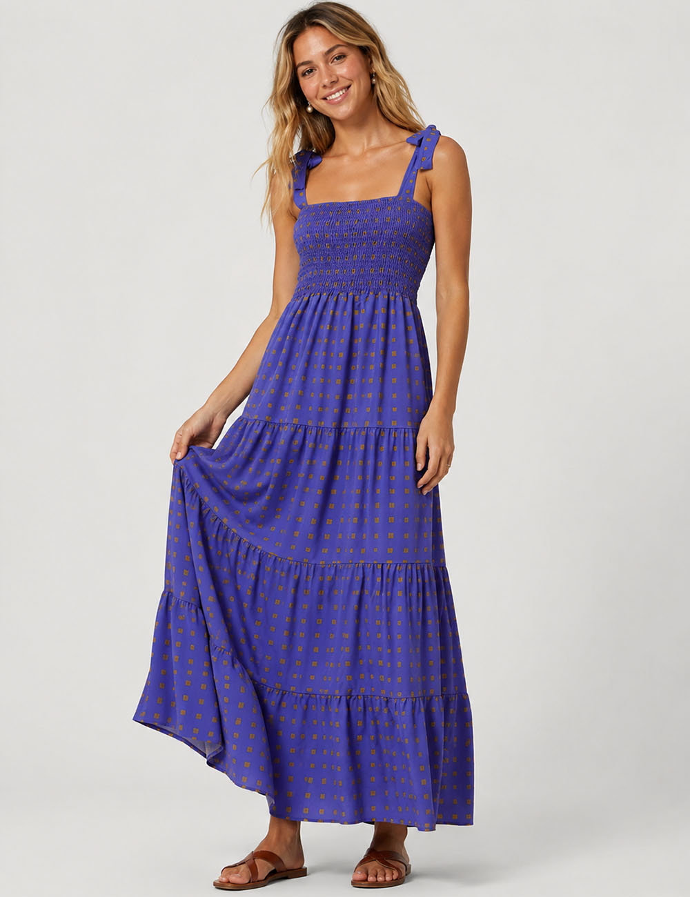 Ladies Abstract Print Smocked Tie Strap Square Neck Midi Dress