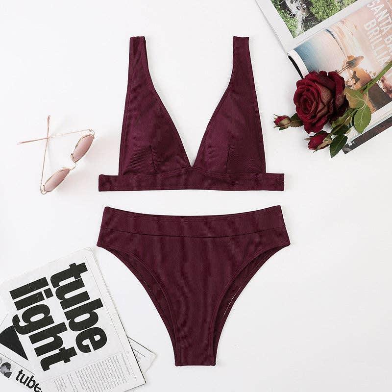 Classic Solid Color Simple Design 2PCS Bikini Set