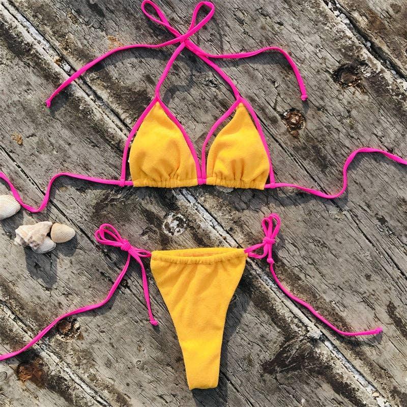 Color Block String Tie 2PCS Bikini Set