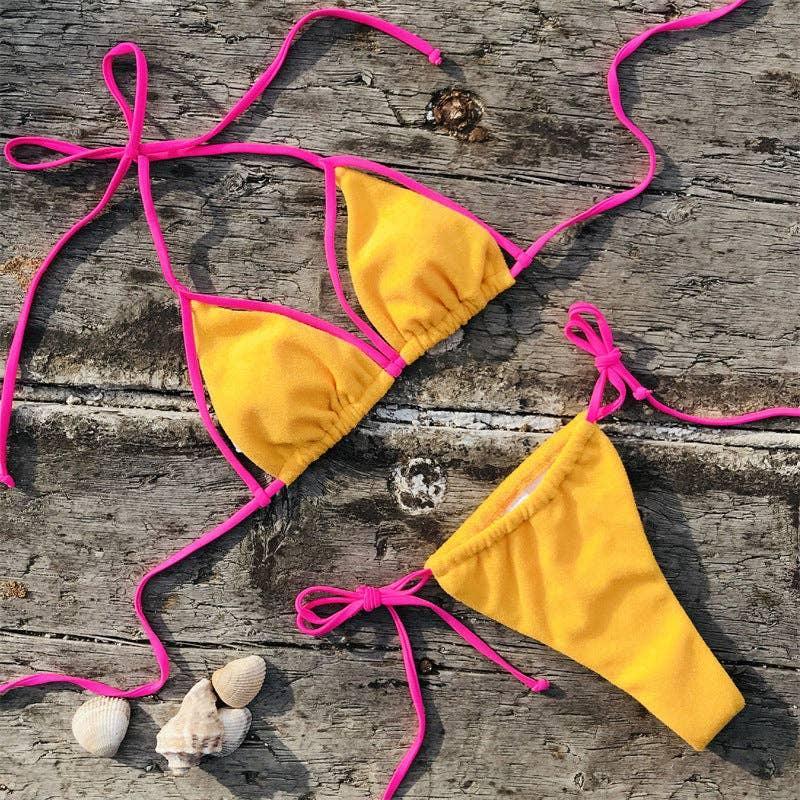 Color Block String Tie 2PCS Bikini Set