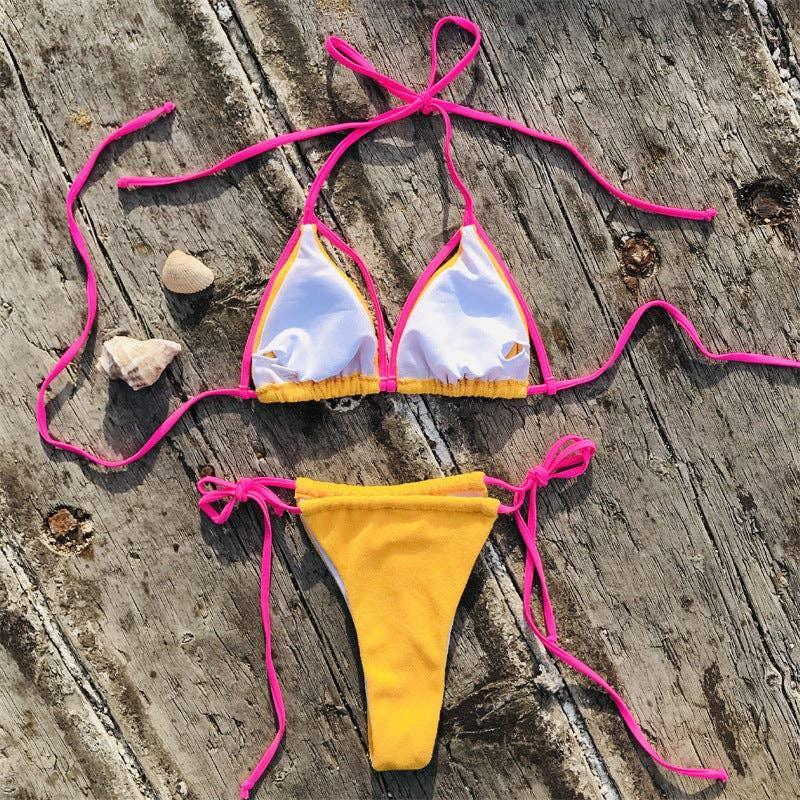 Color Block String Tie 2PCS Bikini Set