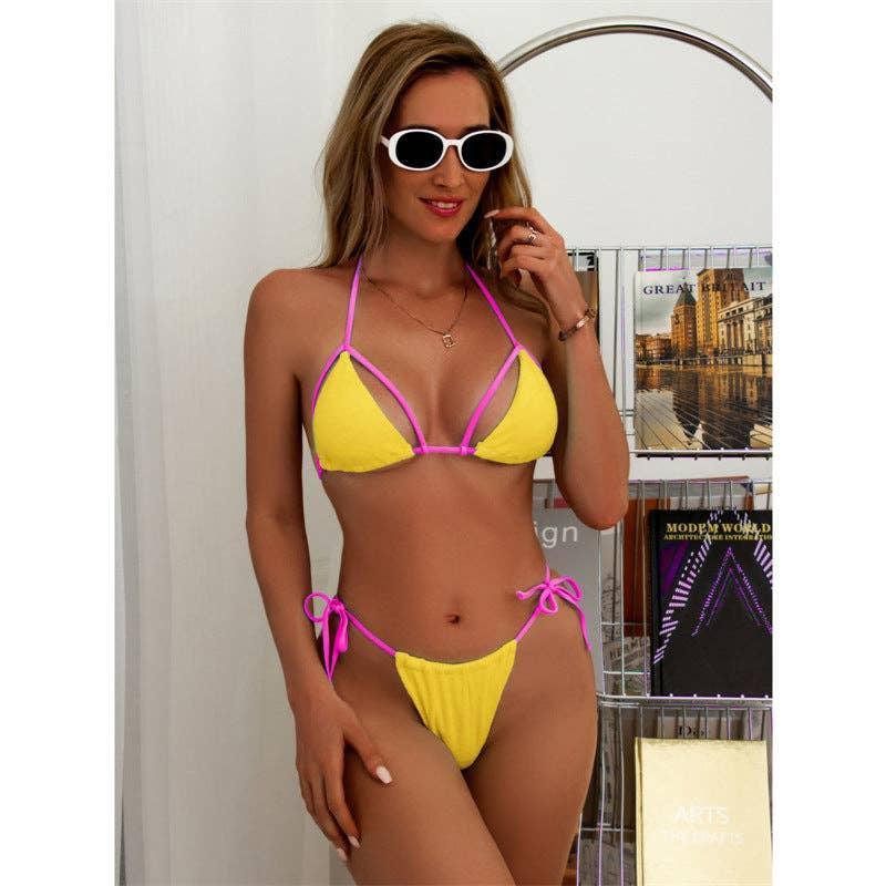 Color Block String Tie 2PCS Bikini Set