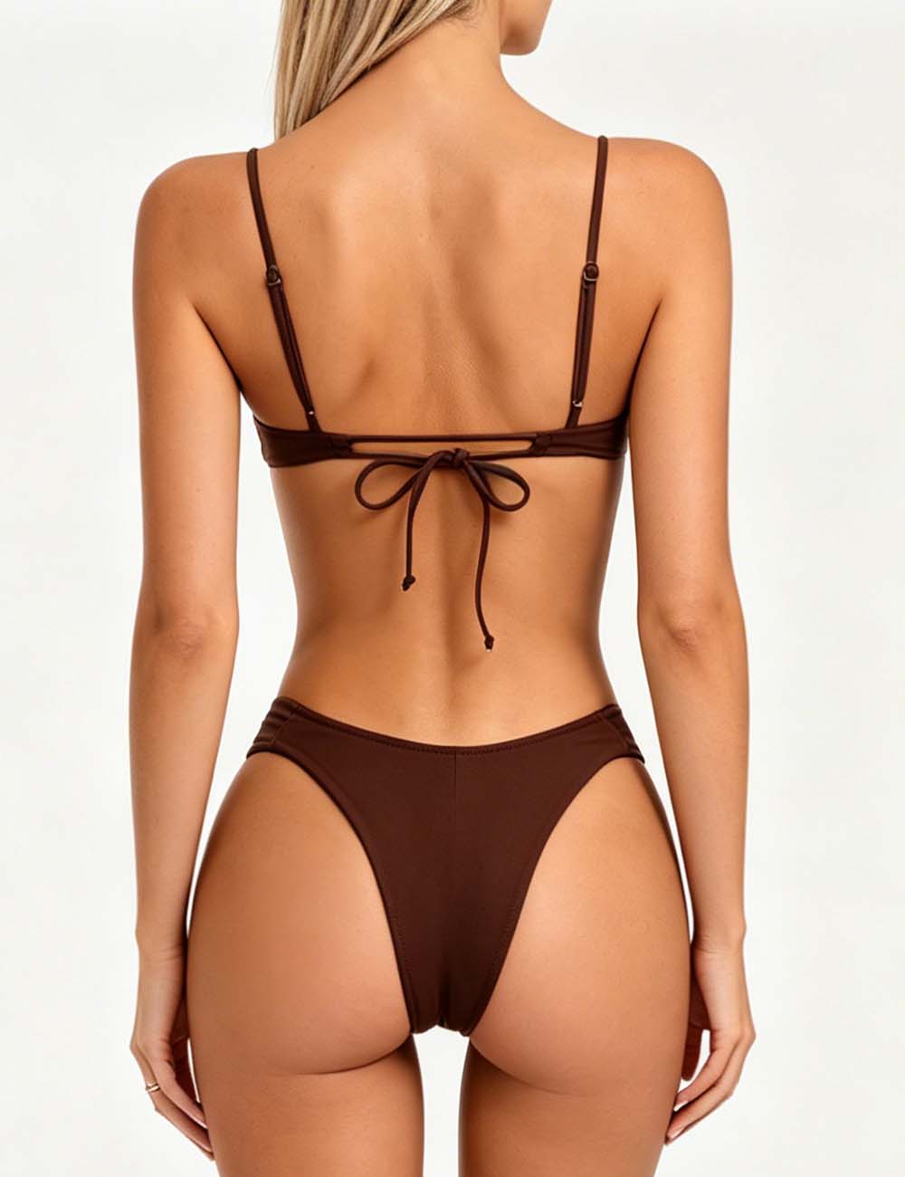 Ladies Solid Color Spaghetti Ruched Underwire Bikini Set