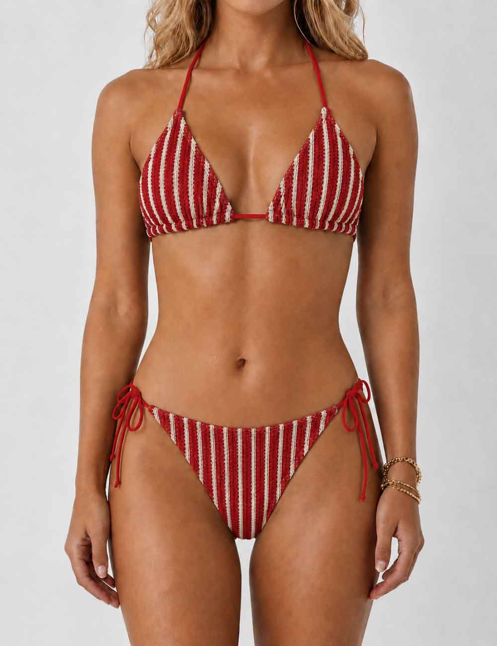 Ladies Striped Crochet Triangle 3 Piece Bikini Set With Cover Up Shorts