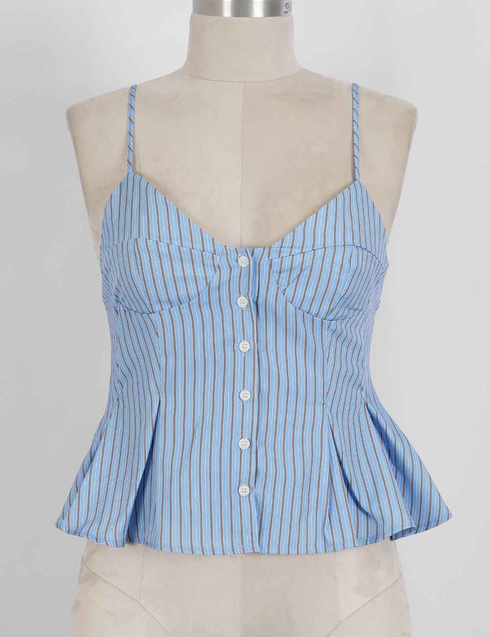 Ladies Chic Striped Spaghetti Strap Button Front Peplum Cami Top