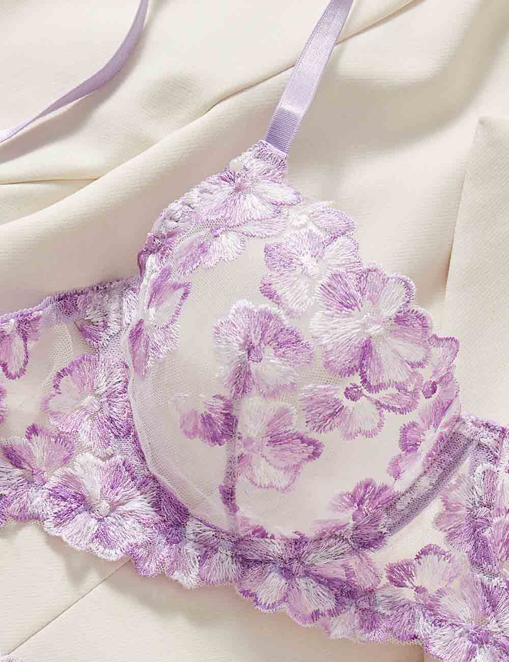 Ladies Floral Embroidery See Through 2PCS Lingerie Set 8HF4113