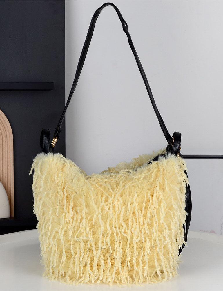 Ladies Faux Mongolian Fur Tote Two Shoulder Bag SKAB4094