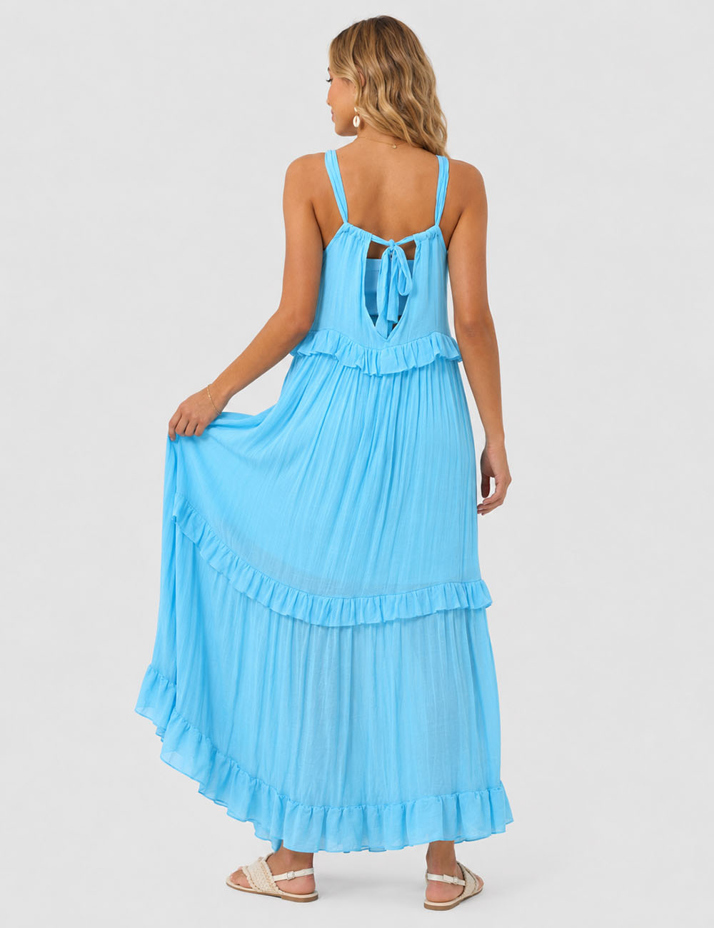 Ladies Boho Ruffle Tiered Hem Sleeveless Solid Color Maxi Dress