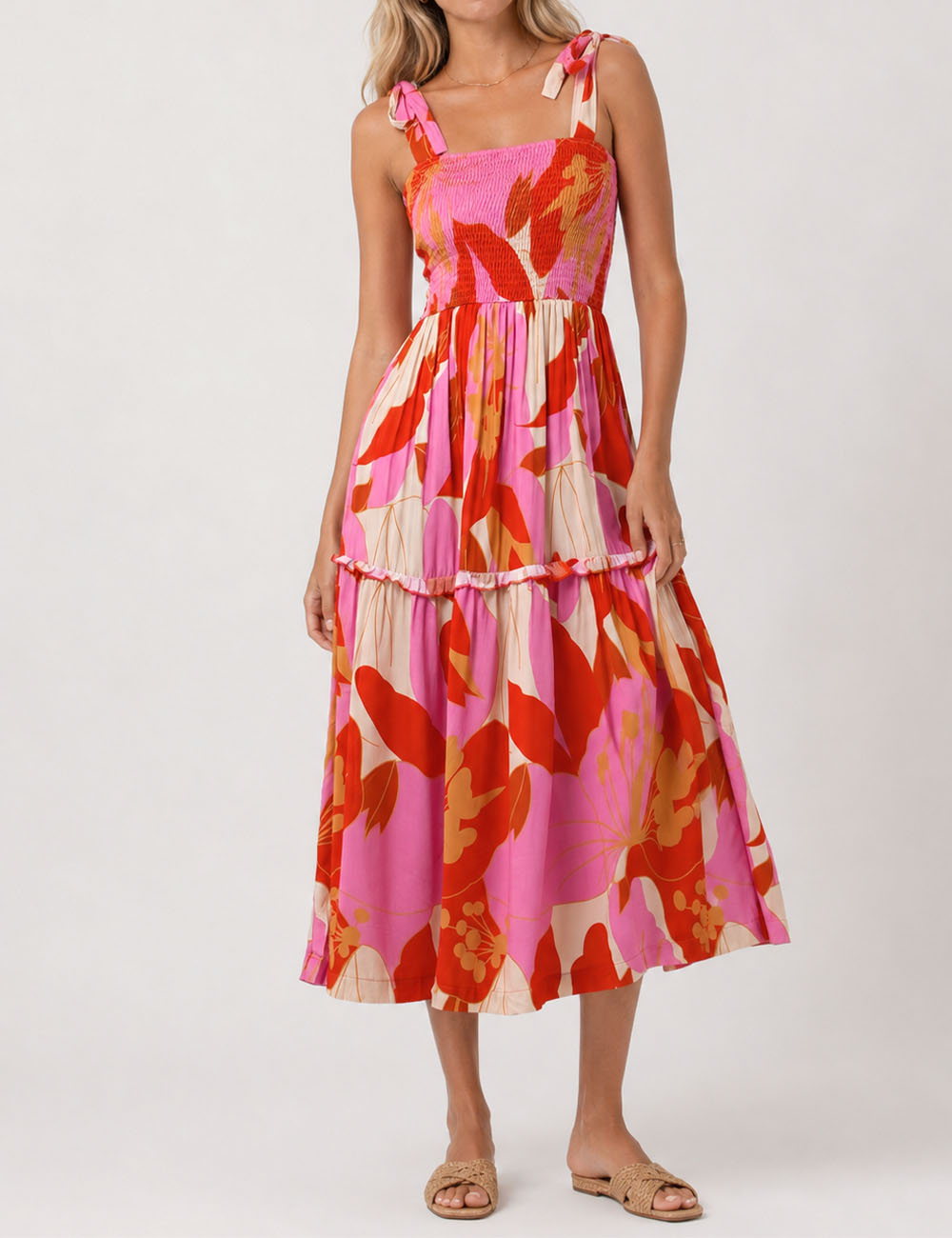 Ladies Abstract Print Smocked Tie Strap Square Neck Midi Dress
