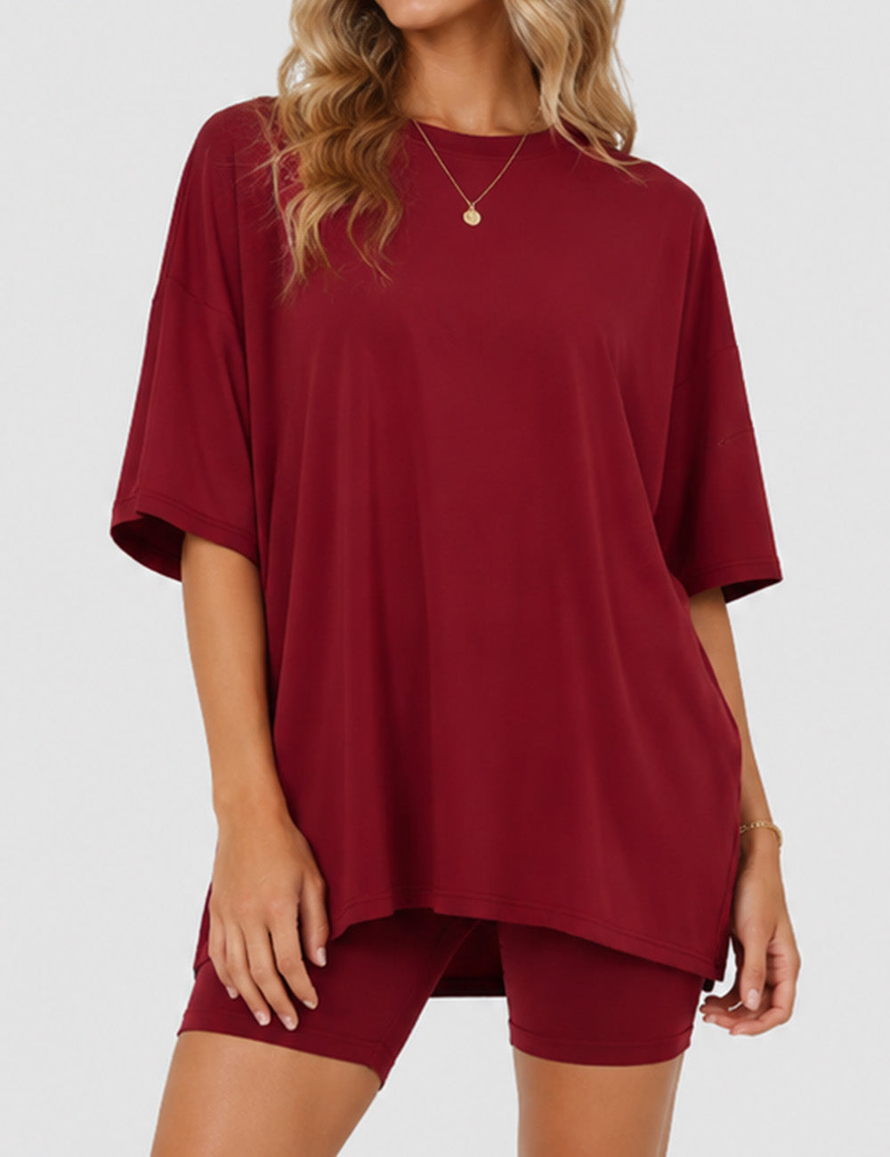 Ladies Solid Loungewear Outfits Loose Top & Slim Shorts Set