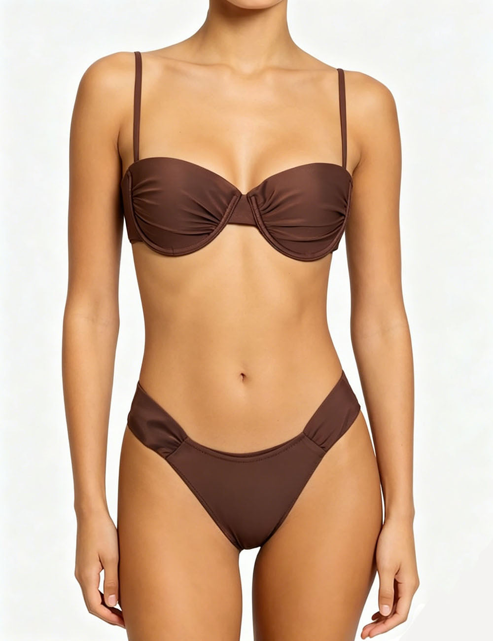 Ladies Solid Color Spaghetti Ruched Underwire Bikini Set