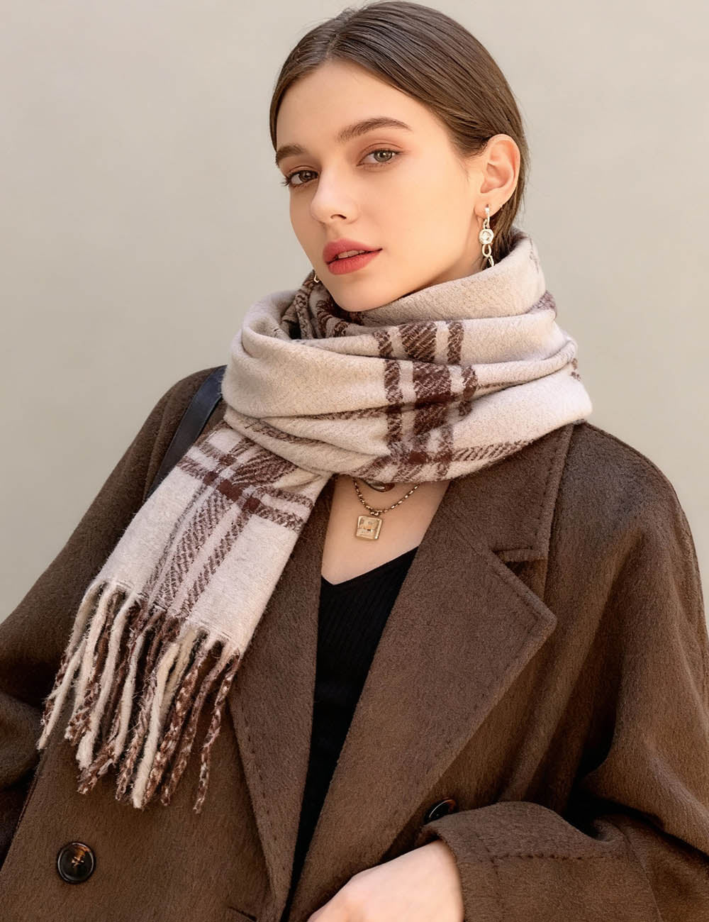 Ladies Vintage Fashion Plaid Pattern Oblong Tassel Knit Scarf