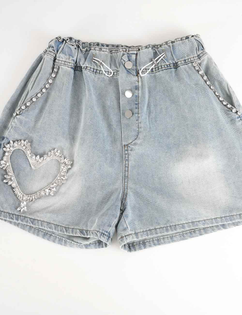 Ladies Rhinestone Heart Wide Leg Drawstring Denim Shorts