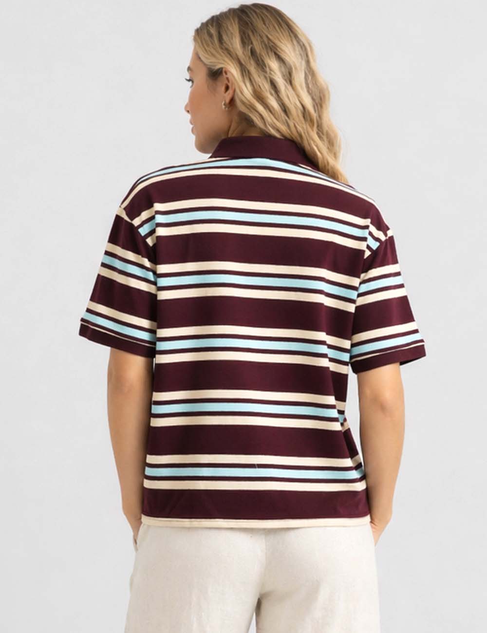 Ladies Striped Polo Collar Short Sleeves T-Shirt Top