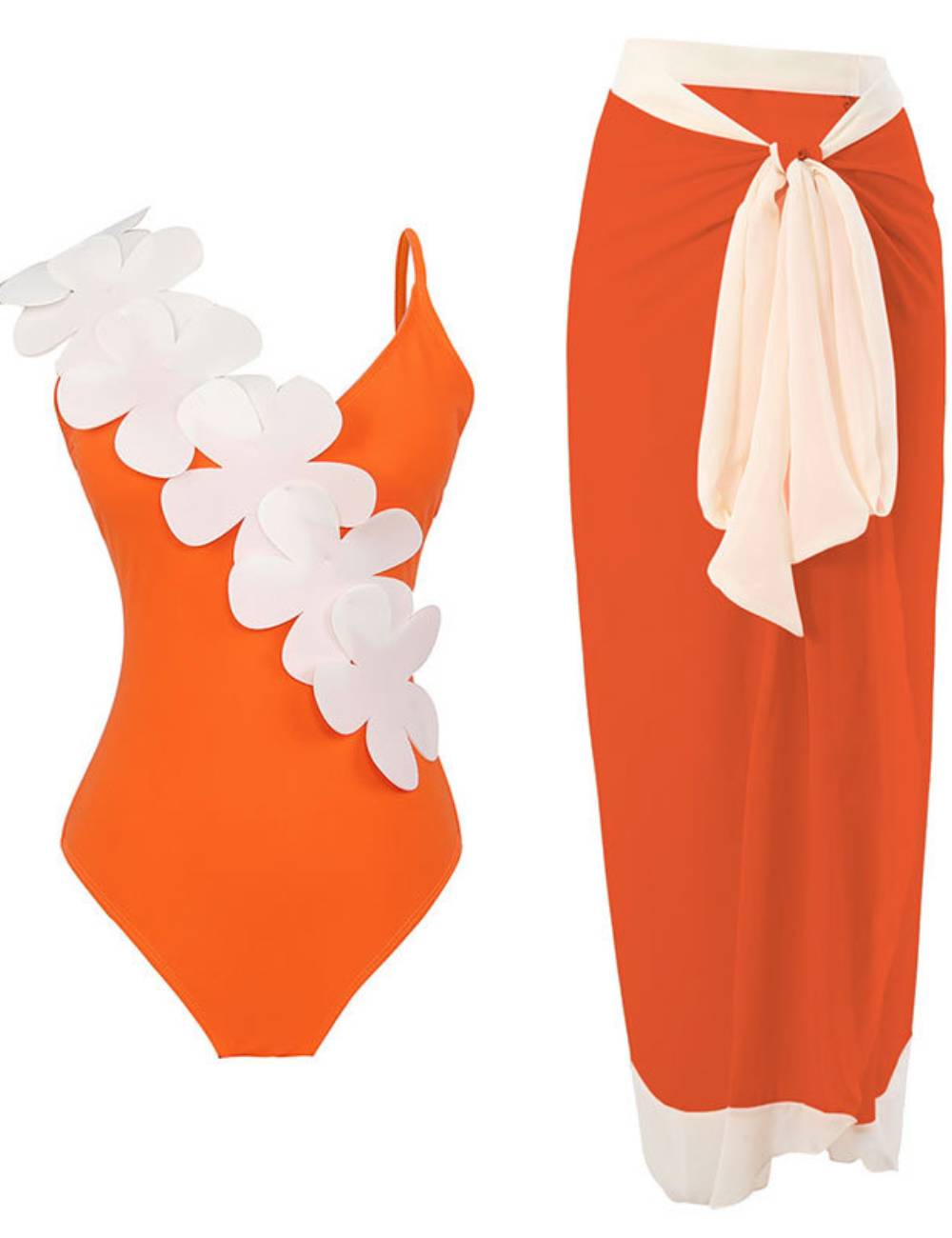 Flower Shoulder One Piece Swimwear 2PCS Set SKSW40141