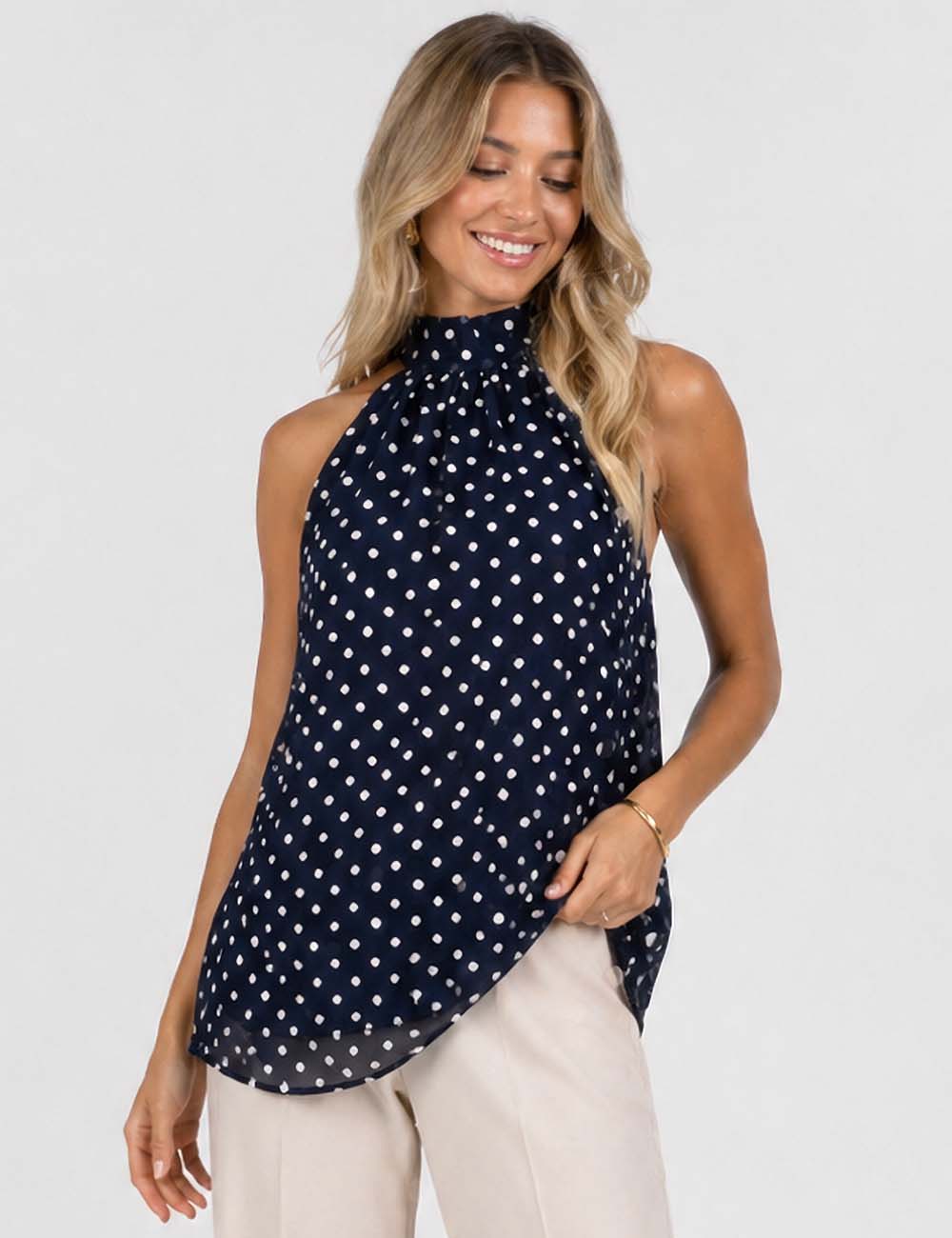Ladies Chiffon Polka Dot Stand Neck Sleeveless Ruffle Hem Top
