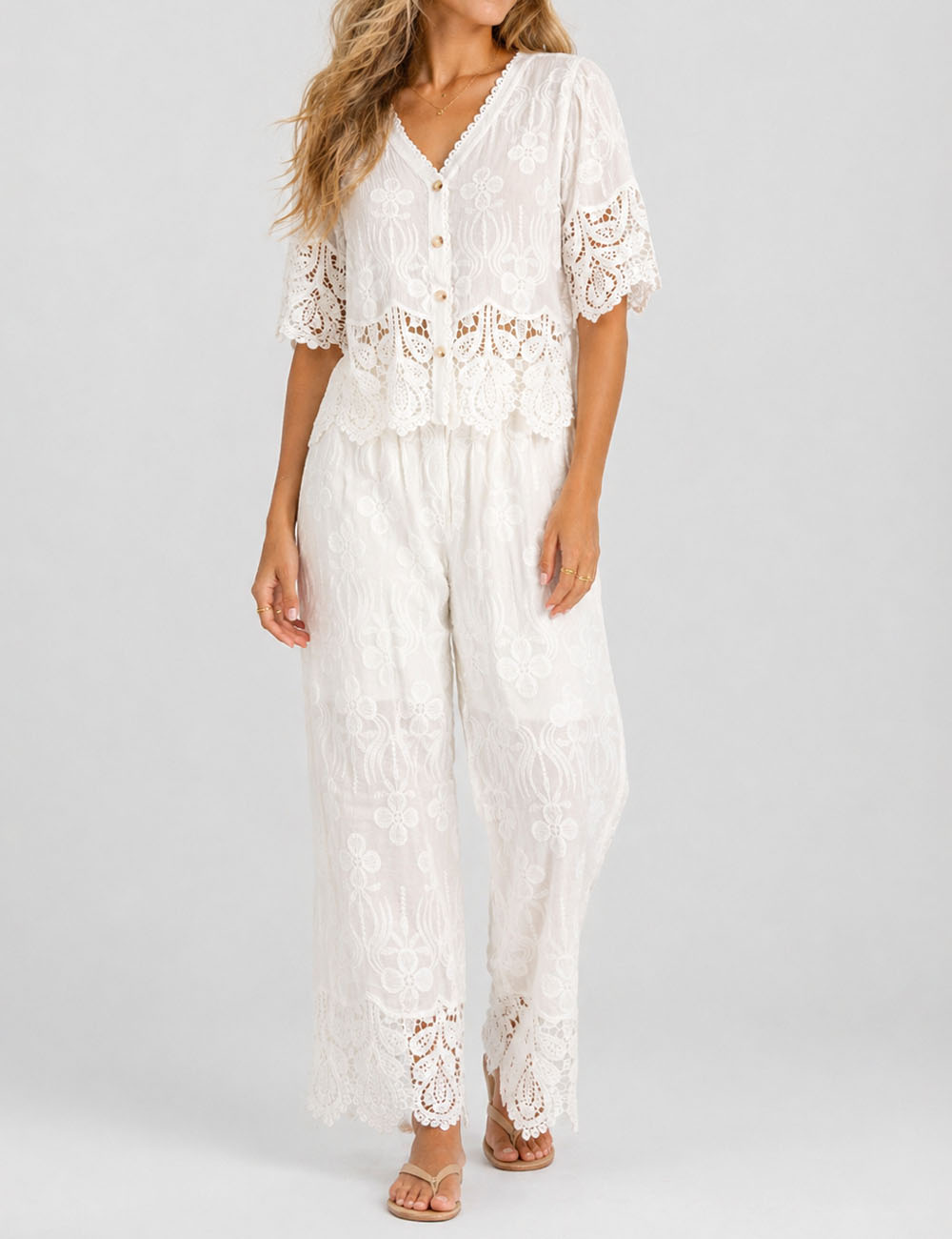 Ladies Crochet Lace Embroidered Button Top & Pants Set