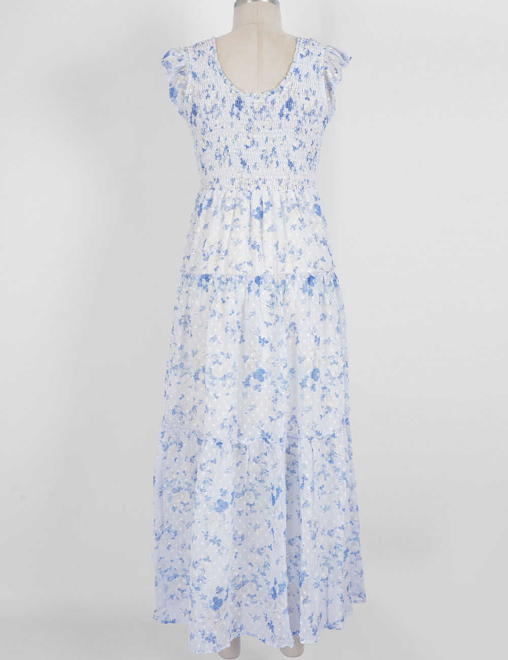 Ladies Floral Print Ruffle Sleeves Tiered Hem Smocked Maxi Dress