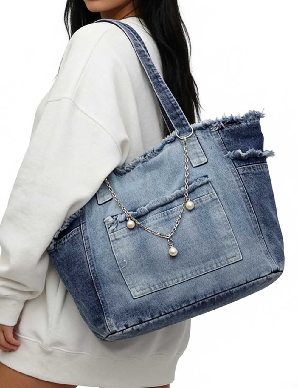 Ladies Large Capacity Frayed Denim Tote Bag