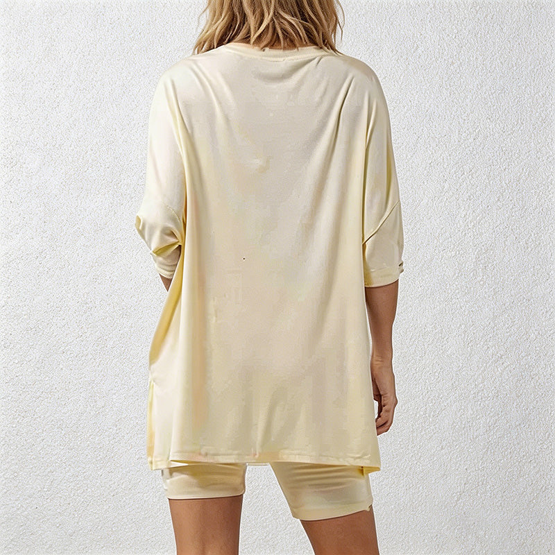 Ladies Solid Loungewear Outfits Loose Top & Slim Shorts Set