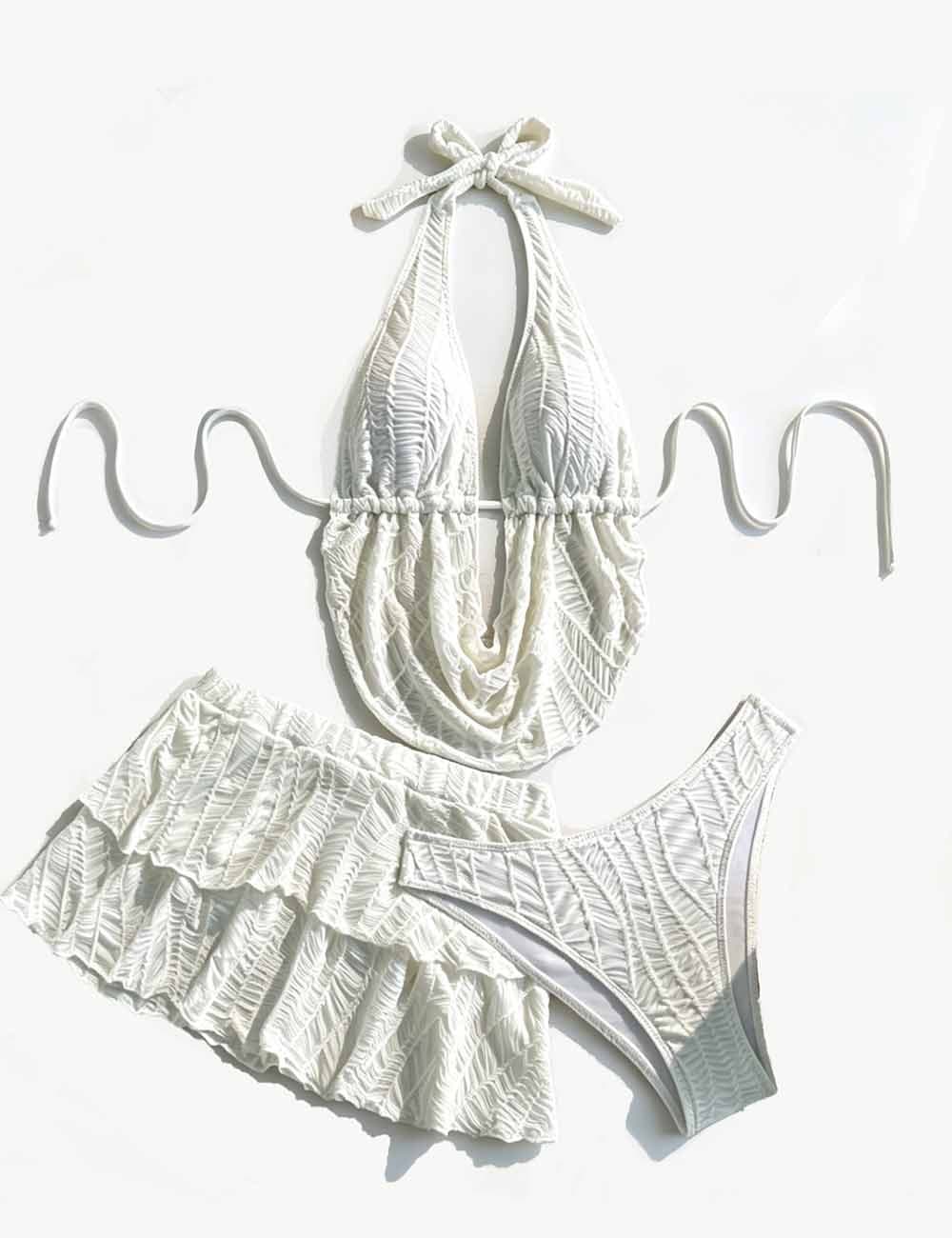 Ladies Cowl Drape Detail Triangle Bikini Set with Mini Skirt