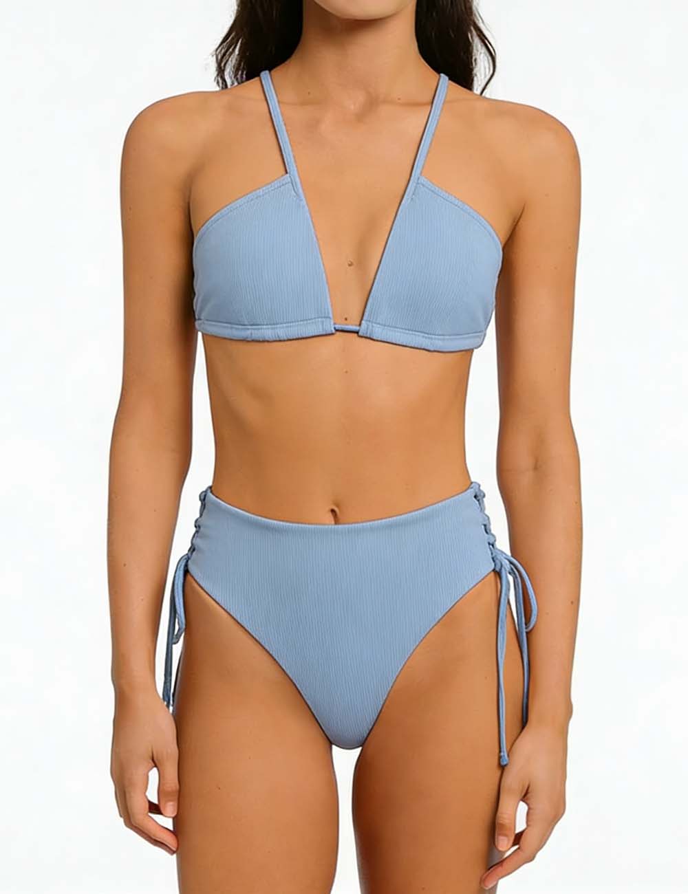 Ladies Solid Color Shoulder String Tie Bikini Set 8BK3WST317