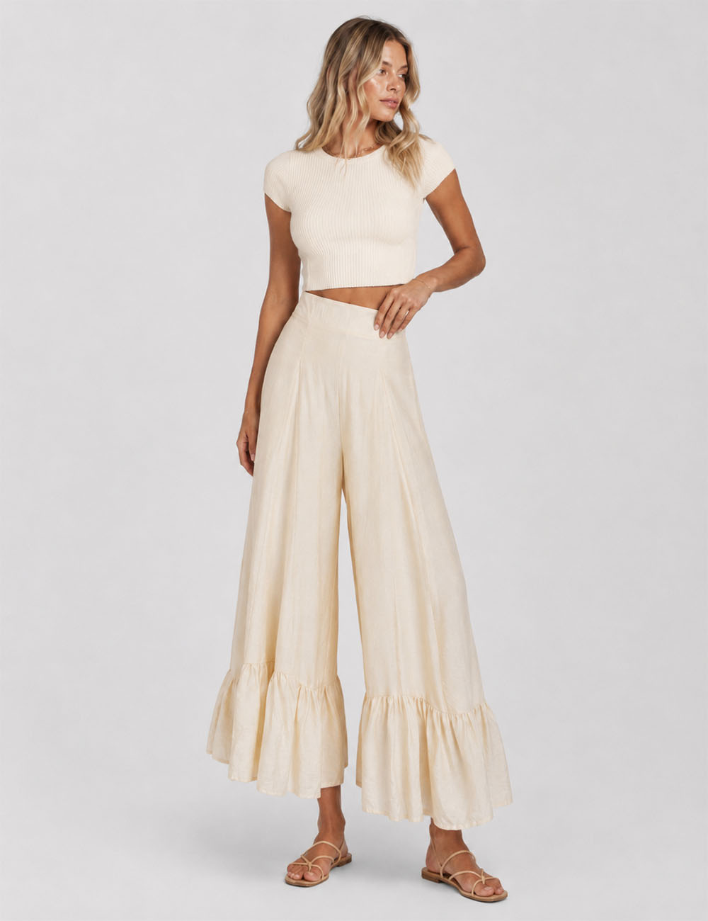 Ladies Elastic Waist Ruffle Wide Leg Pants