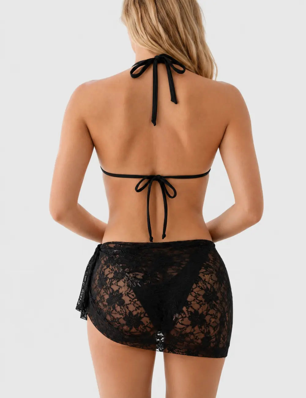 Ladies Floral Lace Mesh Triangle Bikini Set with Sarong Set