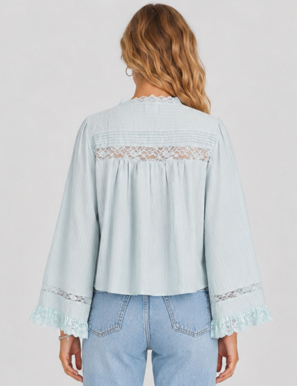 Ladies Solid Color Eyelets Ruffle Lace Blouse