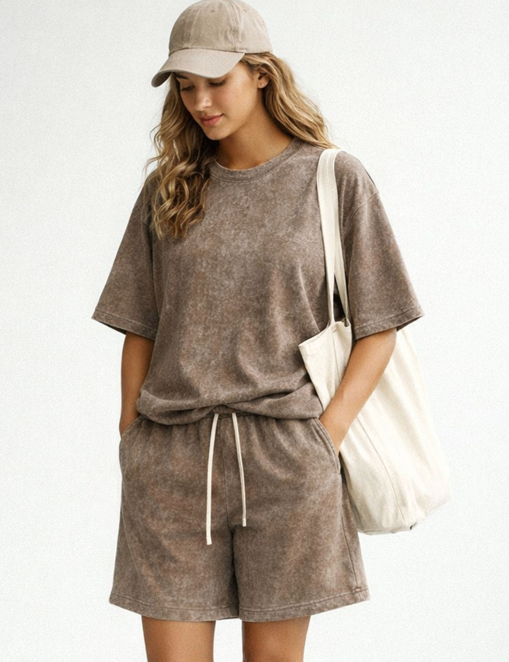 Ladies Washed Round Neck Short Sleeves T-shirt & Shorts Matching Set