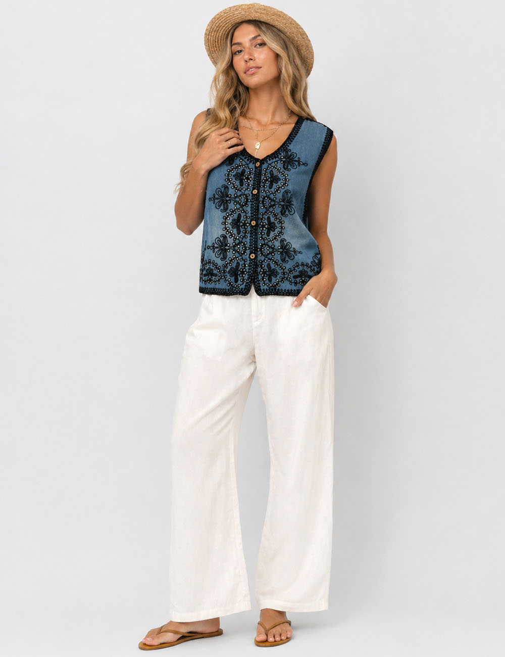 Ladies Boho Rhinestone Embroidery Button Front Denim Vest