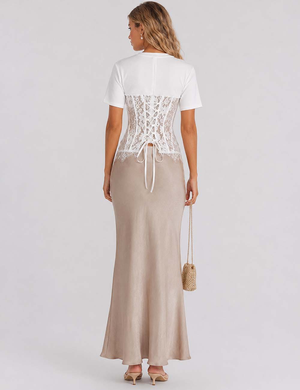 Ladies Lace Scalloped Hem Round Neck Short Sleeves Top