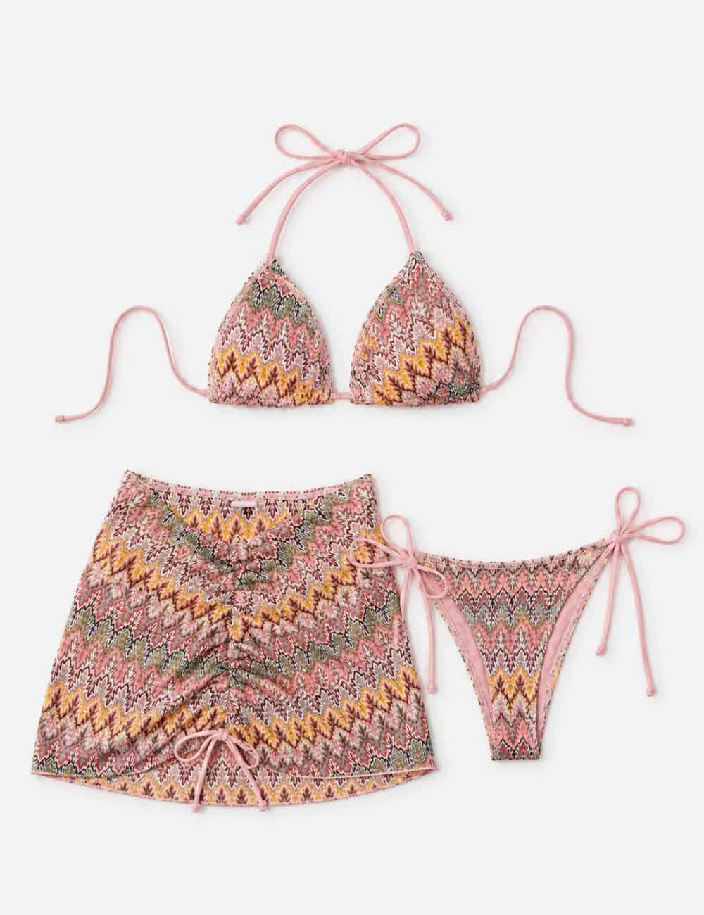 Ladies Wave Striped Knit Triangle Bikini Set with Cover Up Skirt