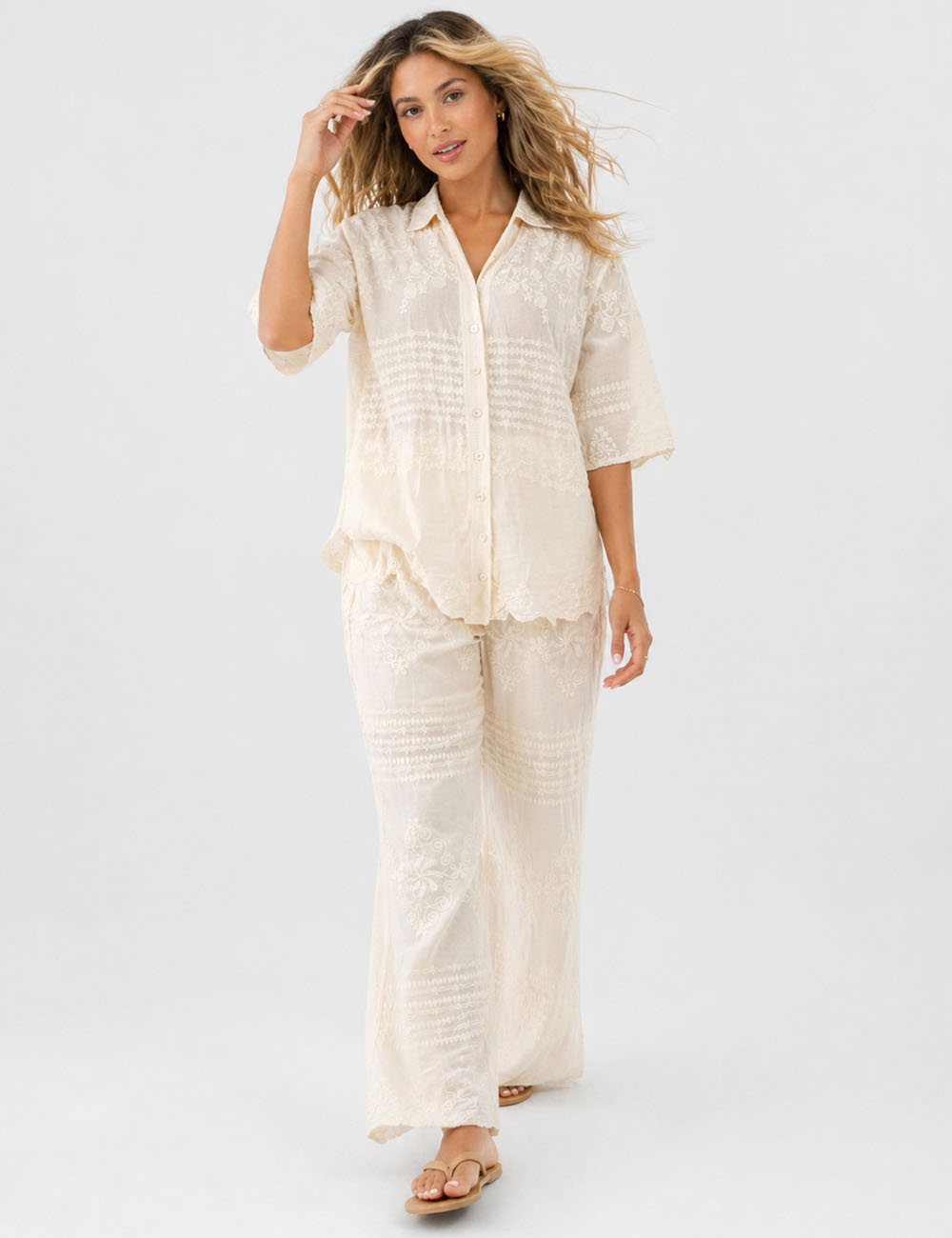 Ladies Chic Embroidery Button-Up Blouse & Pants Matching Set