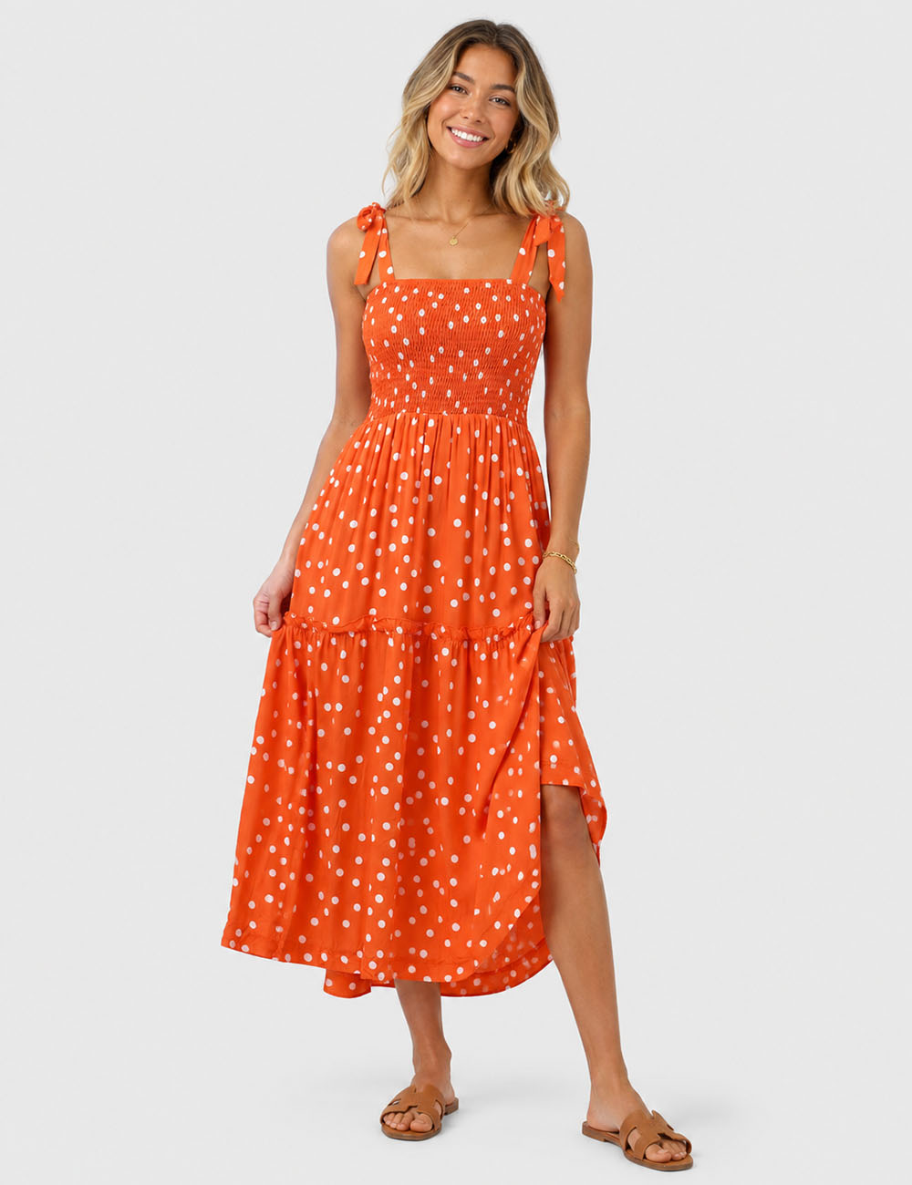 Ladies Abstract Print Smocked Tie Strap Square Neck Midi Dress