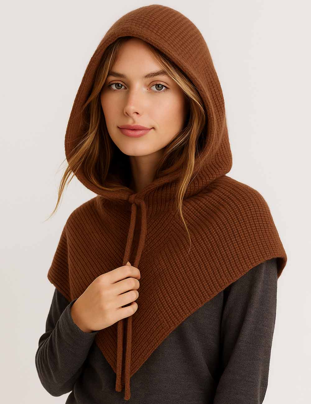 Ladies Simple Fashionable Drawstring Hooded Knit Scarf