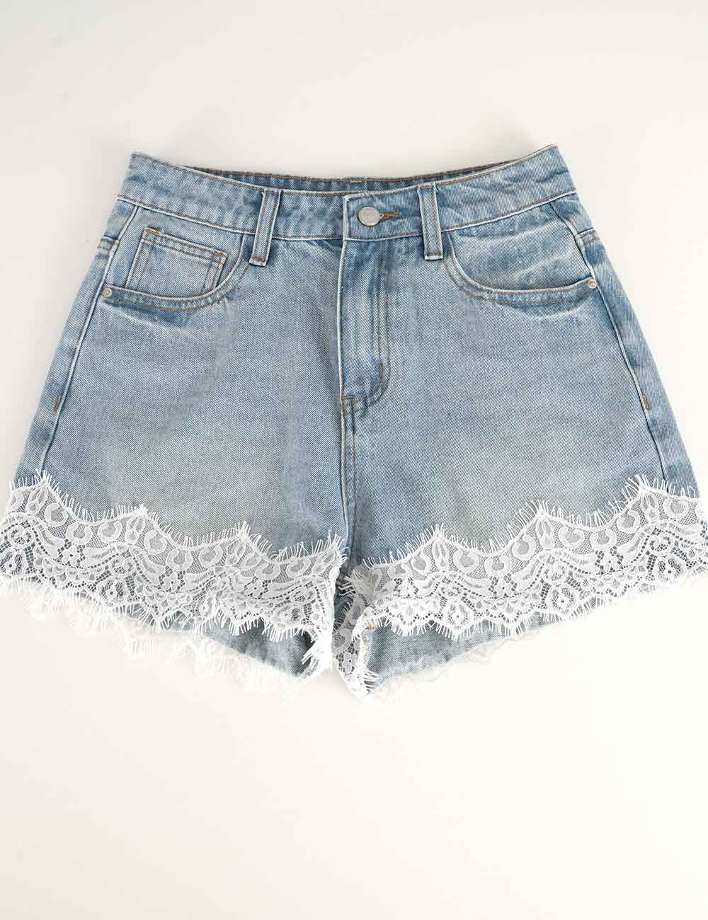 Ladies Lace Scalloped Hem Wide Leg Denim Shorts