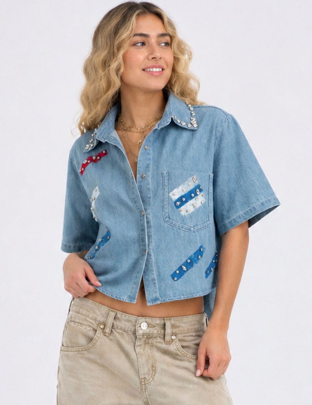 Ladies Rhinestone Shirt Collar Short Sleeves Button-Up Denim Top