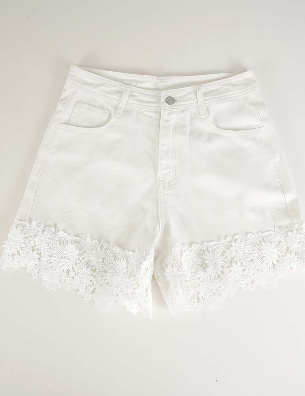 Ladies Floral Lace Trim Solid Color Denim Shorts