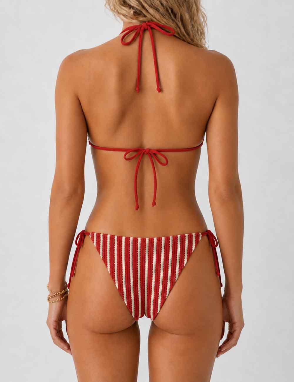 Ladies Striped Crochet Triangle 3 Piece Bikini Set With Cover Up Shorts