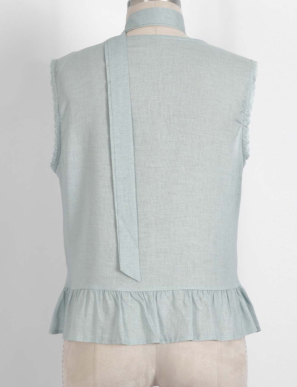 Ladies Scarf Neck Ruffle Hem Button Sleeveless Top