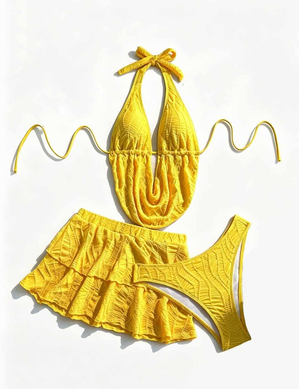 Ladies Cowl Drape Detail Triangle Bikini Set with Mini Skirt