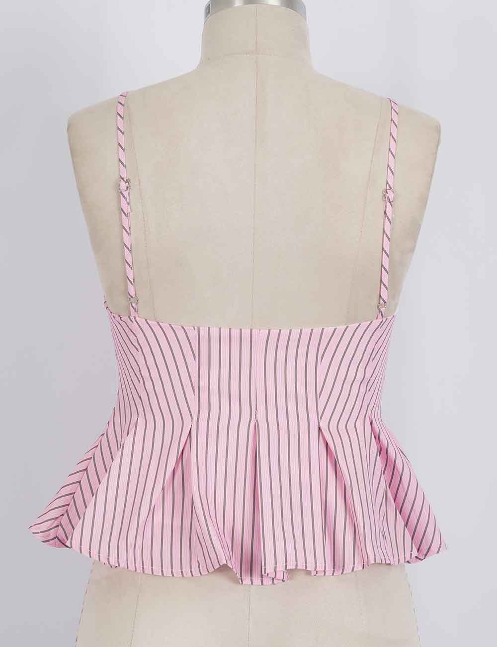 Ladies Chic Striped Spaghetti Strap Button Front Peplum Cami Top