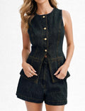 Ladies Sleeveless Button Front Denim Vest & Shorts Matching Set