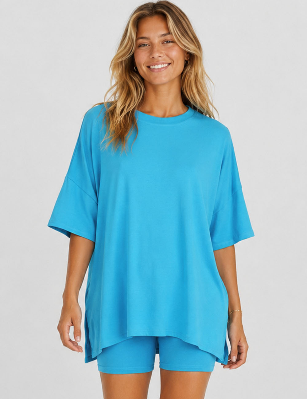 Ladies Solid Loungewear Outfits Loose Top & Slim Shorts Set