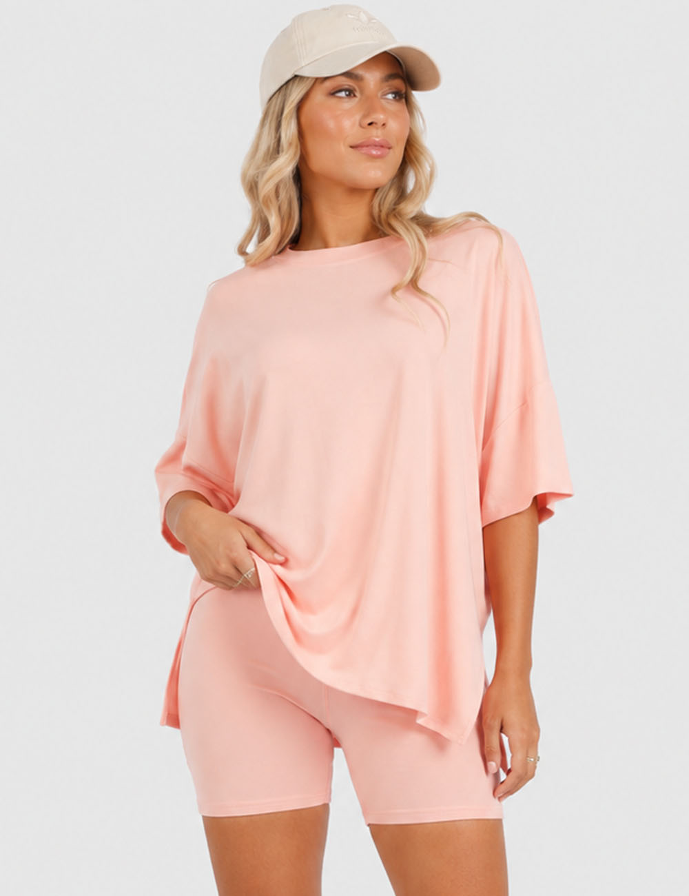 Ladies Solid Loungewear Outfits Loose Top & Slim Shorts Set