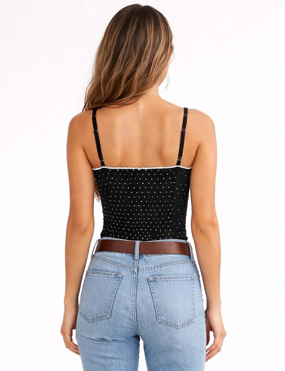 Ladies Chic Polka Dot Lace Trim Corset Square Neck Cami Top