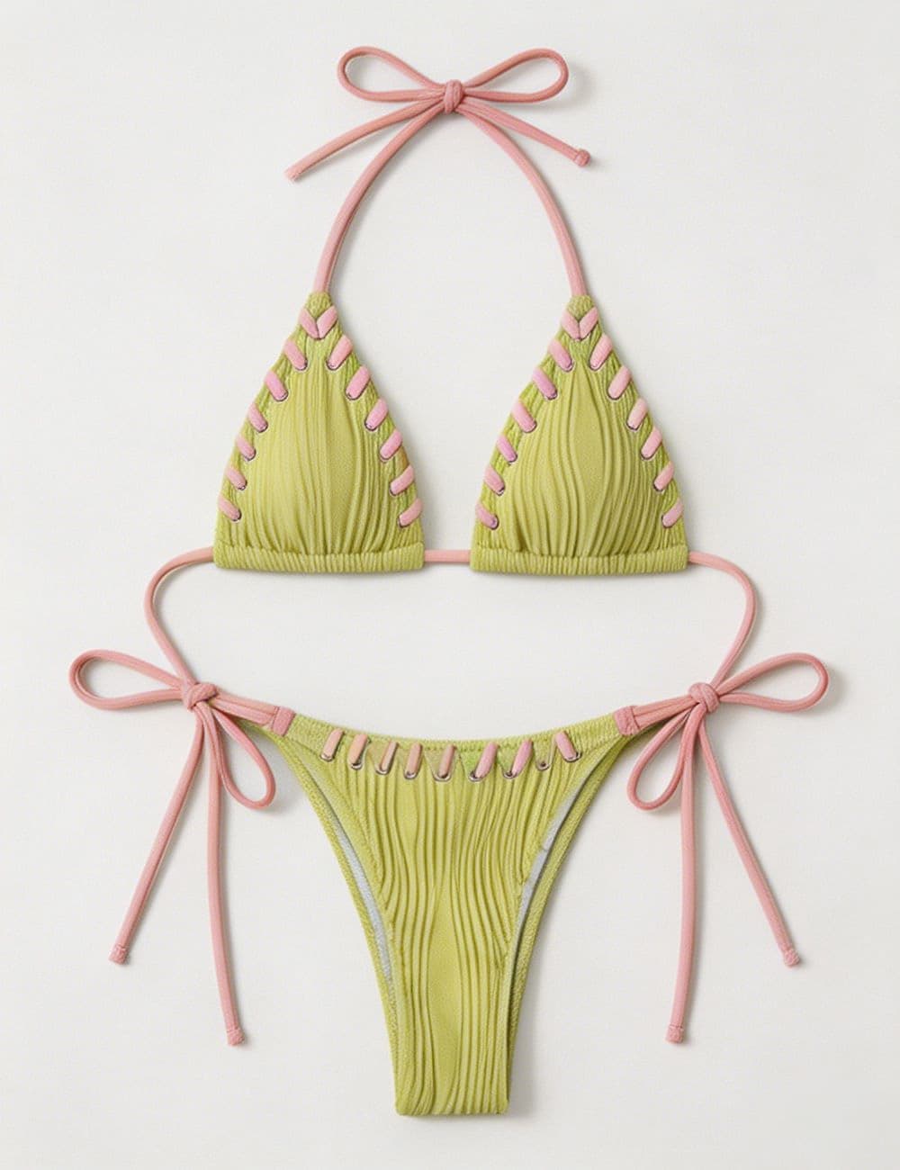 Ladies Braided Trim Ribbed Halter Triangle 2 Piece Bikini Set