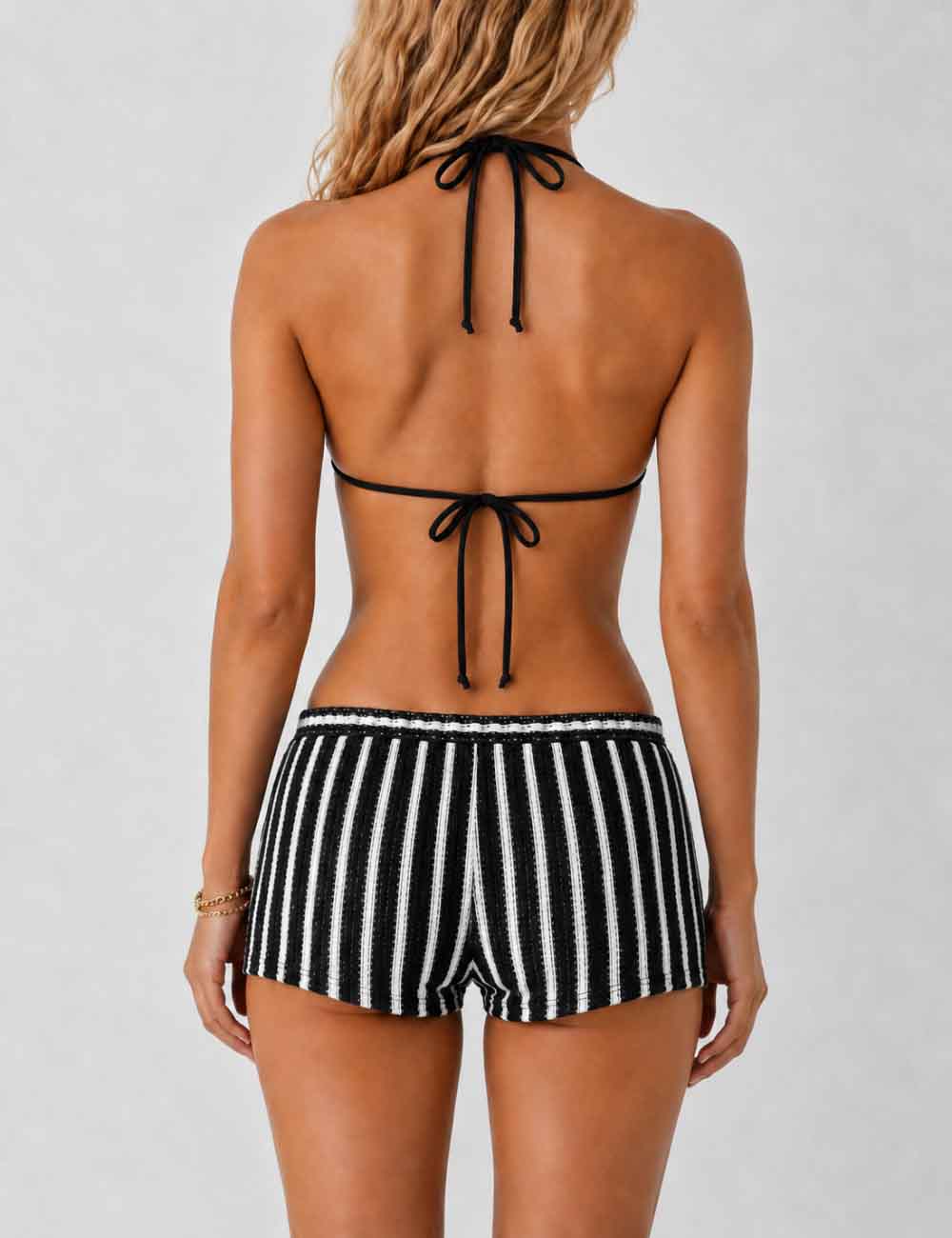 Ladies Striped Crochet Triangle 3 Piece Bikini Set With Cover Up Shorts